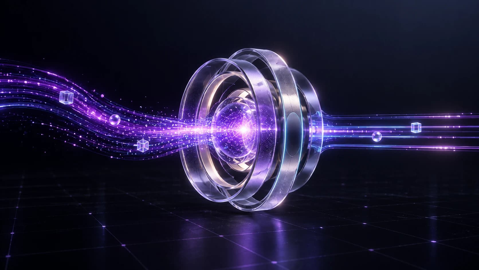A luminous data stream passing through a central governance and policy core before emerging as a controlled AI workflow